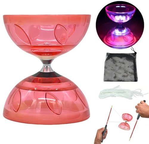PLLYPE Diabolo - Set di 3 cuscinetti a sfera, LED Diabolo con 3 colori lampeggianti, con corda di ricambio da 10 m, sacchetto a rete e asta professionale, per adulti (rosso)