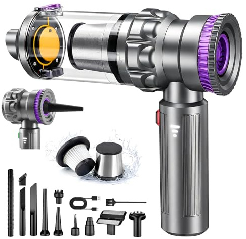 Autostaubsauger, 4-in-1 Mini Handstaubsauger Auto Akku Kabellos, 28000Pa Auto Staubsauger Stark, 3-Gang Hand Vacuum Cleaner mit Bürstenloser Motor für Auto, Camper, Aufladbar Tragbar Leicht - Silber