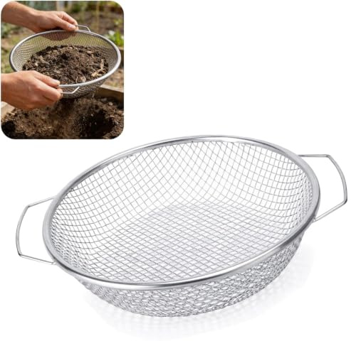 Bcuuozeeing Setaccio da giardino in acciaio inox con manico, 30 cm, setaccio per compost, setaccio per sporco, puzzle da giardino, perfetto per il giardinaggio, setaccio ideale per filtrare compost