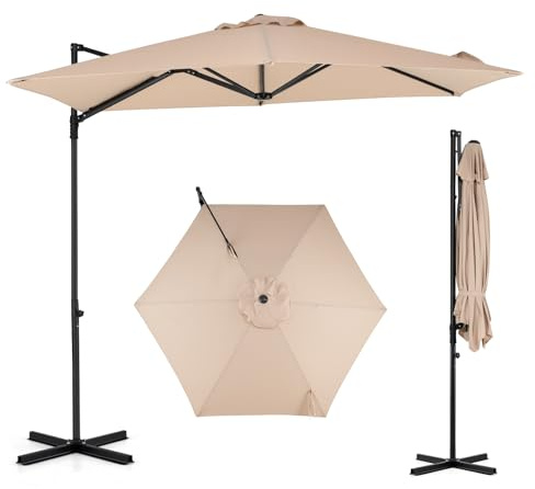 COSTWAY Parasol Déporté Hexagonale à Pied, Hauteur 240 CM (Beige) | Pivotant à 360°, Manivelle, Toile Inclinable à Double Couche, Parasol de Jardin Extérieur, pour Terrasse, Balcon, Piscine