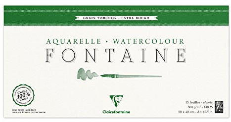 Clairefontaine 96438C Bloc Encollé 4 Côtés Fontaine - 15 Feuilles Papier Aquarelle Blanc 100% Coton Grain Torchon Qualité Professionnelle 20x40 cm 300g