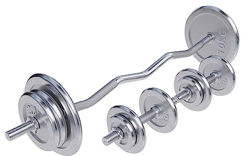 GORILLA SPORTS® Set d'haltères chromés 68 kg avec barre Curl SZ