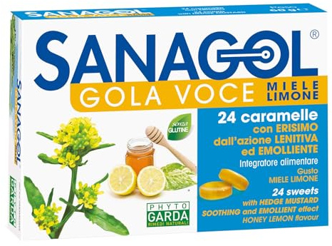 SANAGOL Miele e Limone 24 Caramelle Gola Voce | Pastiglie per Mal di Gola, Tosse e Raffreddore con Erisimo, Altea, Rosa Canina e Mentolo | Azione Emolliente e Lenitiva | Gusto Miele e Limone