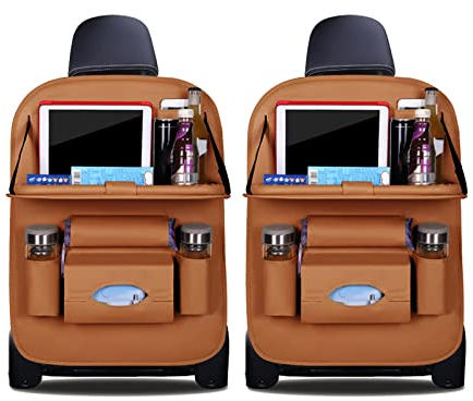 Ergocar Auto Organizer Rückenlehnenschutz Luxus Autositzschutz aus PU-Leder mit faltbarem Tablethalter wasserdicht Rückenlehnenschutz Rückenlehnen-Tasche für Kinder (Braun - 2 Pack)