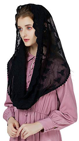 BEAUTELICATE Velo di Pizzo Chiesa Sposa Mantilla Velo Cattolica Sciarpe Scialle di Pizzo Copricapo Foulard Messa In Latino Nero Bianco V108, Nero
