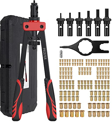 Proster Rivet Nut Tool 14 - Rivet Nut Pliers Set, Rivet Nut Gun with 150Pcs M3 M4 M5 M6 M8 M10 Rivet Nuts 6Pcs Metric Mandrels Heavy Duty Hand RIV Nut Gun Thread Setter Kit Red