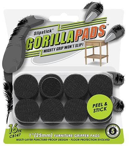 Slipstick GorillaPads CB147 Non Slip Furniture Pads/Gripper Feet (Set of 16) Self Adhesive Rubber Floor Protectors, 1 inch Round, Black