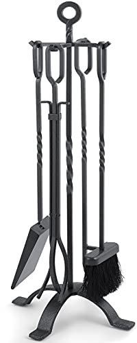 AMAGABELI GARDEN & HOME Ensemble serviteur de cheminée 5 pièces Accessoire Outils cheminee Outil cheminée Serviteur poele a Bois Pelle Balai Pince Support Tisonnier argenté