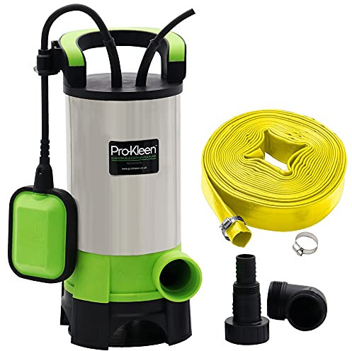 Pro-Kleen Submersible Water Pump 1100W Electric, 18000L/H, Heavy Duty 5m Layflat Hose for Clean or Dirty Water, Float Switch, 10M Power Cable - Floods, Pools, Gardens, Ponds, Hot Tubs