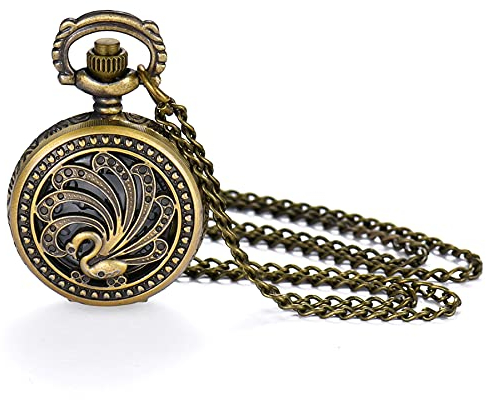 JewelryWe Taschenuhr mit Pfauen-Gravur, klassische Steampunk-Quarz-Taschenuhr, Retro, Bronze, Anhänger, Halskette, für Herren und Damen