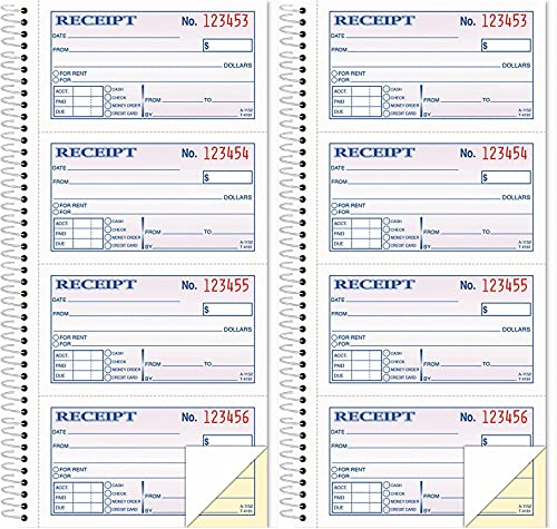 Money/Rent Receipt Book, 2-Part, Carbonless, 11 x 5.25 Inches, 4 Receipts/Page, 200 Sets per Book (4161), White Pack of 2