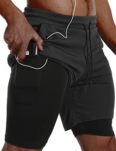 JWJ Pantalones Cortos de Correr 2 en 1 para Hombre, Secado rápido, Ropa de Entrenamiento atlético, con Bolsillos Laterales, Negro, X-Large
