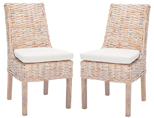 SAFAVIEH Home Collection – Suncoast Set of 2 Natural White Wash Rattan Arm Chairs with Cushions, Coastal Style Seating, Fully Assembled (FOX6540A-SET2)