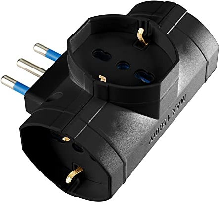 POLY POOL - PP2349.1X Adattatore Presa Multipla SalvaSpazio - Spina Italiana 16A Con Tripla Presa Schuko Pluristandard 10A-16A - Multipresa Nero - Made in Italy