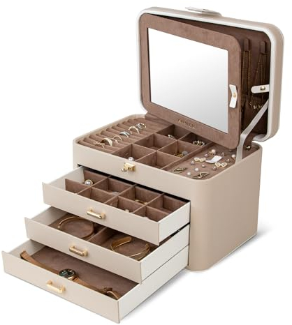 KAMIER Scatola organizer per gioielli, organizer per gioielli a 4 strati con specchio, 3 cassetti, grande portagioie per bracciali, orecchini, anelli, collane, regali per la festa Regali di Natale