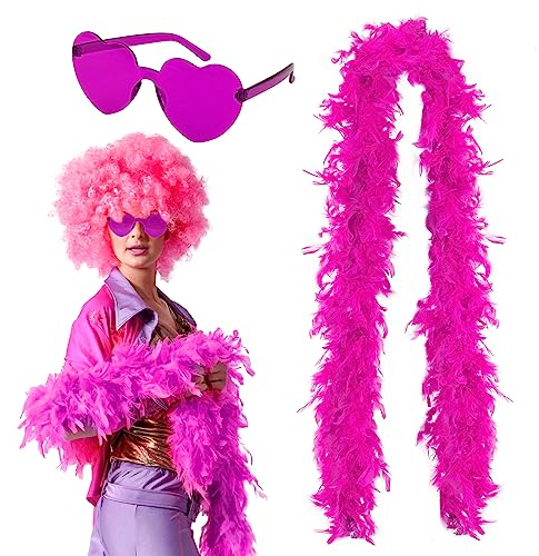 BETESSIN Federboa 200cm Rosenrot Federschal 60g Flamingo Kostüm Faschingskostüm Accessoire mit Herz Brille Karneval 20er Jahre Charleston Flapper Mottoparty Cosplay Party Tischdeko Hochzeitsdeko