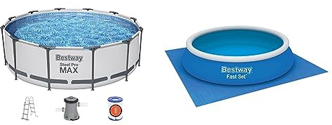 BESTWAY 56418D - Piscina Desmontable Tubular Steel Pro MAX 366 x 100 cm, con Depuradora Cartucho 2.006 L/H y Escalera & 58003 - Tapiz de Suelo 488 x 488 cm, Multicolor