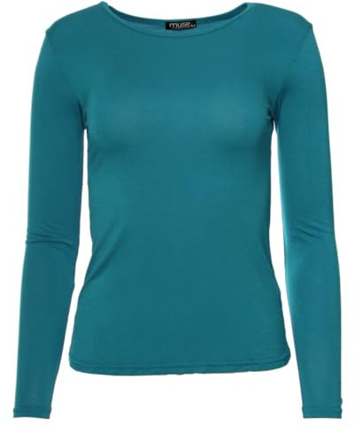 Easy Young Fashion - Damen Basic Rundhals Shirt - Langarm Unterziehshirt - Skinny Fit 1093 - Petrol S