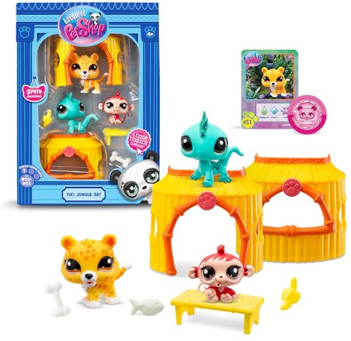 Littlest Pet Shop - Djungel Tiki Pack - 3 djur och tillbehör - officiell licens - söta djur leksaksset - Mini djurfigurer - Barnleksak 3 år och uppåt - BF00515