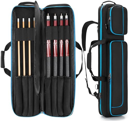 GOBUROS 4x4 Pool Cue Case Hold Up to 4 Butts and 4 Shafts, Pool Stick Carrying Case with Front Accessories Pockets, Billiard Cue Cases with Shoulder Straps, Black and Blue
