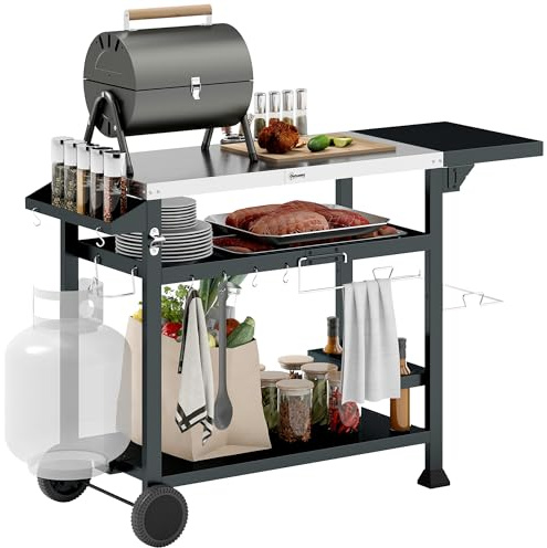 Outsunny Grillwagen Grilltisch mit klappbarem Beistelltisch, Servierwagen mit 3 Etagen, 6 Haken, Rollen, Weinregal, Grill Trolley mit Tischplatte aus Edelstahl für Outdoor, Schwarz