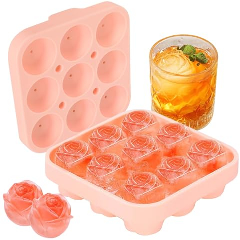 9 Cavidades Cubitera Silicona Forma de Rosa, Molde para Cubitos de Hielo Sin BPA, Reutilizable Silicona Rose Ice Ball Maker, Molde para Hielo de Silicona para Cócteles Whisky Bourbon Jugo (Rosa)