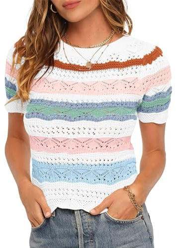 Saodimallsu T-shirt à manches courtes rayé pour femme avec bloc de couleur - Pull d'été en tricot léger et décontracté, Blanc., L
