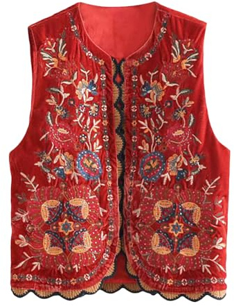 Qianderer Gilet vintage brodé à fleurs pour femmes Y2k Lin devant ouvert sans manches Cardigan Mode gilet à fleurs gilets, L