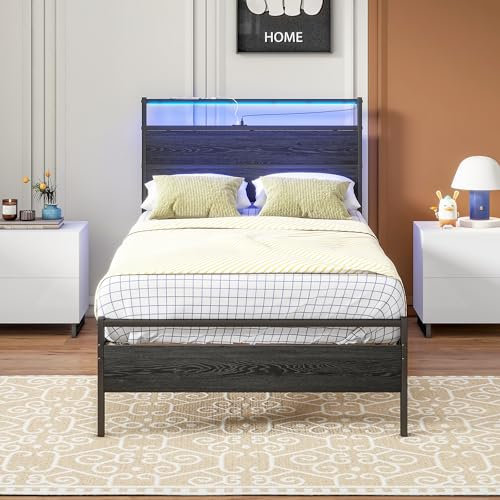 HOJINLINERO Bettgestell Jugendbett Metallbett 90x200 Bettrahmen Einzelbett Gästebett mit Holz Kopfteil & LED Beleuchtung und USB Typ C Ladefunktion,Bett 90x200 mit Lattenrost,Robust Bed Frame,Schwarz