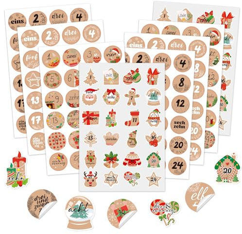 DPKOW 8 feuilles de Noël Calendrier de l'Avent autocollant 1-24, calendrier bricolage pour Noël étiquettes autocollantes