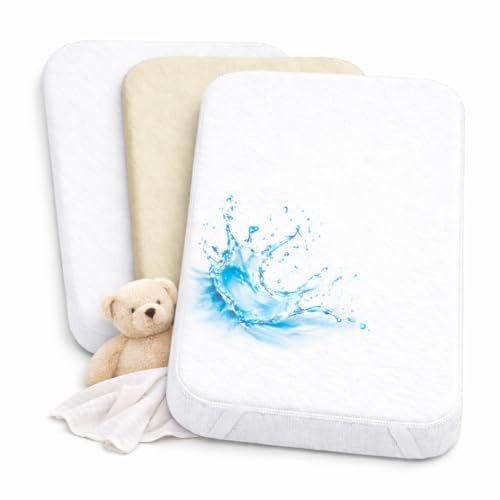 2X Spannbettlaken beistellbett 100% Baumwolle + 1X Matratzenschoner 100% wasserdichtem Material - Set 3X - Kompatibel Chicco, Kinderkraft, Oeko-TEX (Weiß/Vanille, 50 x 83 cm)