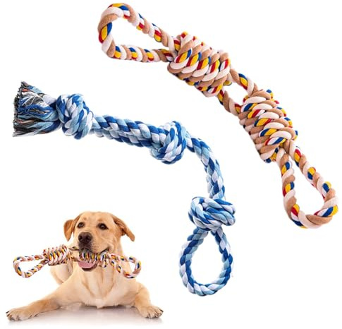 7WUNDERBAR Jouet pour chien corde à mâcher jouet pour chien set, 2 pièces chien mâcher jouet 60cm, corde de coton corde pour chien 3 sections tête de chien déchiré jouet indestructible (grands chiens)