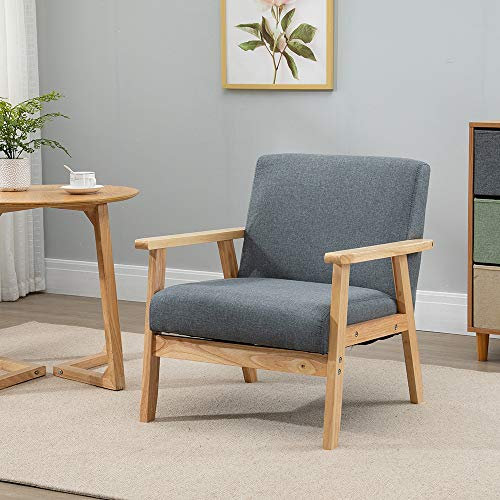 Sillón de lino vintage de madera para sala de estar, dormitorio, balcón, cómodo asiento acolchado, color gris oscuro, sofá individual