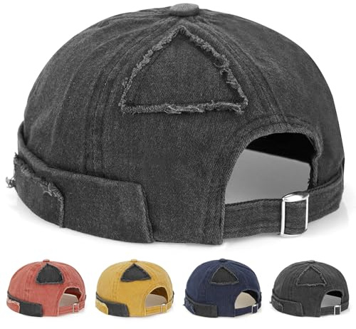 Initlove Mens Docker Cap Patch Brimless Hat Skullcap Retro Beanie Hat Black