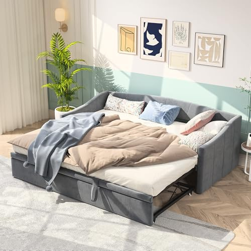 Sofá Cama Gigogne de 90/180x200, sofá Convertible de 2 plazas, Cama de sofá Cama con somier de láminas, Cama Gigogne para Adultos, Camas Extensible, Camas Multifuncional de Tela de Terciopelo (Gris-A