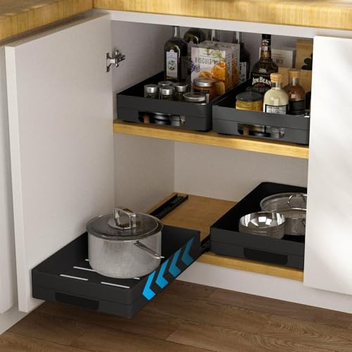 RAIN QUEEN 4 Stück Ausziehbare Küche Schubladen Organizer Küchenschrank Teleskopschublade mit Nano-Folienboden für Küche Vorratskammer und Bad(2 Größen, kein Loch Stanzen erforderlich, schwarz)