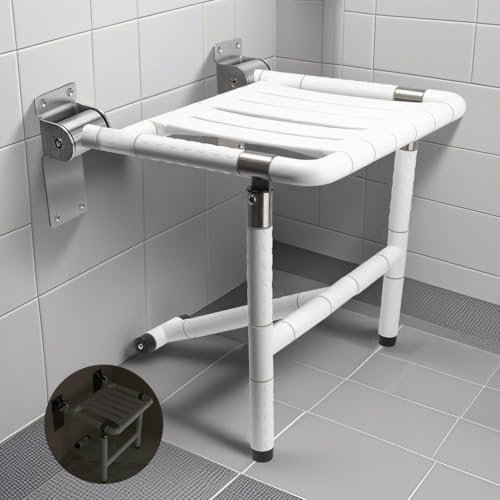 ITSOGOO Duschsitz Klappbar für Wandmontage mit Stützfüßen,rutschfeste Duschstuhl Badestuhl Duschhocker-Badhocker Hocker für Senioren und Kinder,bis 250KG Weiß