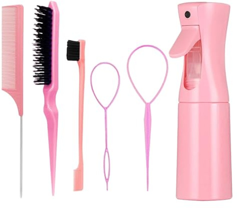 6 Pieces Hair Styling Tools Set with 200ml Hair Spray Bottle Hair Tail Tools Edge Control Brush & Combs for Hair Styling for Woman Girls (6Pcs) (Pink)