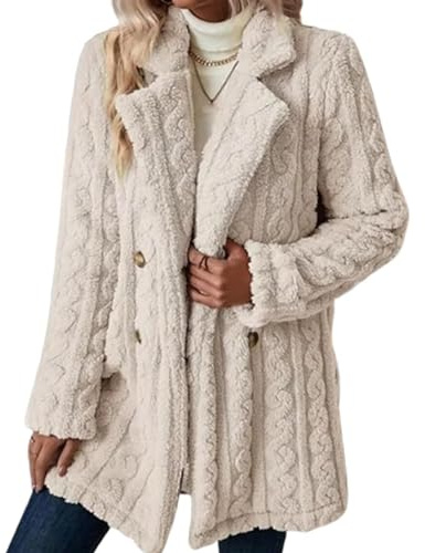 Abrigo de Franela con Cuello de Solapa y Doble Botonadura de Invierno para Mujer, Chaqueta Larga de Piel sintética, Chaquetas cálidas para Prendas de Vestir (Albaricoque,XL)