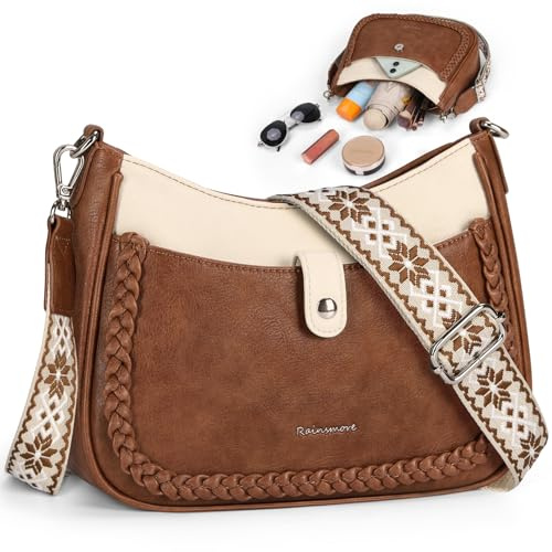 RAINSMORE Bolso Bandolera Mujer Cuero PU Impermeable Bolsos Mujer Bandolera Mediano con Correa Ancha Ajustable Bolso Cruzado para Viajar, Compras Marrón y Beige