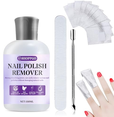 SHOPPGO Dissolvant Acetone, Acetone Ongle Semi Permanent, Disolvant a Ongles Set com Lime à Ongles et Gratte-ongles Dépose Rapide, 10PCS Quitaesmalte de Papel de Aluminio, 150ml