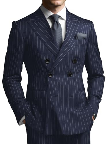 ZHOUYOPINPAI Navy Pinstripe Double Breasted Suit Men Slim Fit Pin Stripe Suit Mens 2 Piece Men's Pinstripe Suits Slim fit S