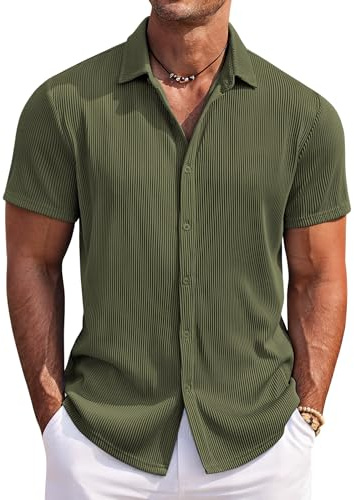 COOFANDY Herr kortärmad skjorta stretch casual button-down texturerade skjortor normal passform sommar strand topp semester