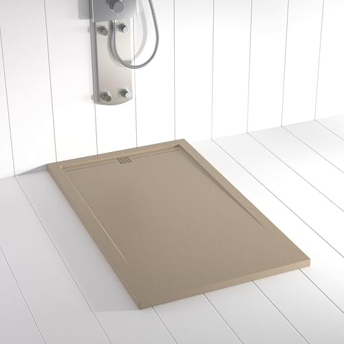 Plato de ducha resina FLOW desagüe lineal frontal color Moka 120x80 textura pizarra antideslizante rejilla del mismo color con válvula