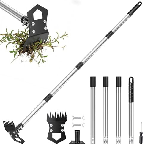 Dreamtop Long Handled Weed Puller - 2-in-1 Heavy Duty Weeding Tool with Hoe & Rake for Garden/Patio - Stand Up Weeder for Lawn Care & Dandelion Root Removal