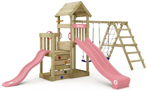 Wickey Torre de juego Skyflyer 120 y 90 con tobogán rosa pastel y lona rosa pastel, dispositivo de juego con montaje de escalada para el jardín