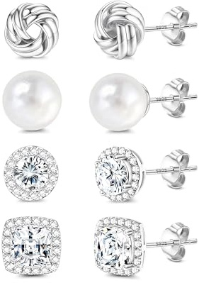 Morfetto 925 Sterling Silver Stud Earrings Hypoallergenic Pearl Earrings | 4 Pairs 14K Gold Plated Knot Round Square Cubic Zirconia Silver Stud Earrings for Women Sensitive Ears Daily Wear Gift