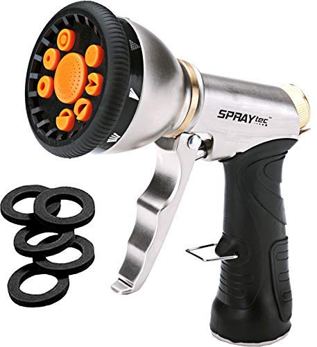 High Pressure Garden Hose Nozzle, Heavy Duty Metal Water Hose Sprayer with 9 Spray Patterns, Adjustable Flow Control & 5 Extra Washers for Watering Plants, Dog/Pet Bathing, Car Wash & Outdoor Cleaning