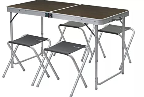 BERGER Solo Campingtisch Set mit 4 Hocker - 120 x 60 cm - höhenverstellbar - klappbar - Holzdekor - aus Aluminium und MDF - Klappmöbel Set Campingtisch klappbar Klapptisch Gartentisch Balkontisch