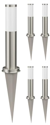 ledscom.de 5 Stück Pollerleuchte PORU mit Erdspieß für außen, Edelstahl, rund, 39 cm, E27 Fassung